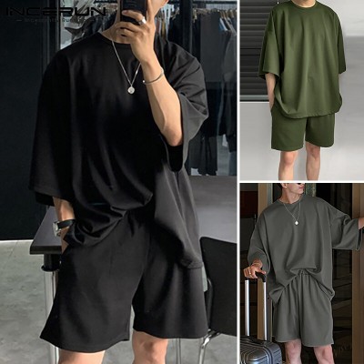 Beehoo INCERUN男式短袖软睡衣T恤短裤套装睡衣套装休闲套装